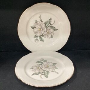 Vintage Homer Laughlin Eggshell Nautilus 10" Dinner Plates 2 Floral Gold Trim